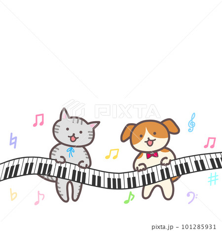 ピアノとかわいい犬と猫と音符のイラスト 101285931