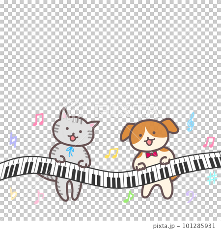 ピアノとかわいい犬と猫と音符のイラスト 101285931