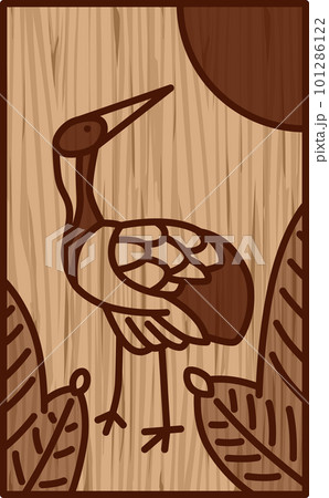 木彫り風シンプル花札　睦月　松　鶴　1月　松に鶴 101286122