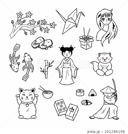 Japanese culture. Set of doodle icons on theme of Japan. Samurai, kimono, origami and kitty luck. Japanese culture. Set of doodle icons on theme of Japan. Samurai, kimono, origami and kitty luck. 101286199