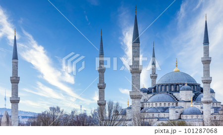 The biggest mosque in Istanbul Turkiye of Sultan Ahmed Ottoman Empire, Blue Mosque Sultanahmet Camii Sultan Ahmed Mosque in old city, Bosporus and Asian side skyline, Istanbul, Turkey 101287068