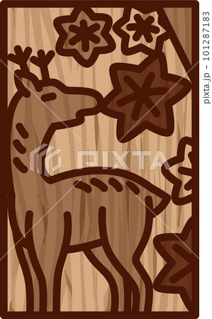 木彫り風ミニ花札　神無月　紅葉　鹿　10月　紅葉に鹿 101287183