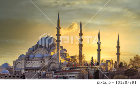 Suleymaniye mosque in Sultanahmet district old town of Istanbul, Turkey, Sunset in Istanbul, Turkey with Suleymaniye Mosque, Beautiful sunny view of Istanbul with old mosque travel and vacation in Suleymaniye mosque in Sultanahmet district old town of Istanbul, Turkey, Sunset in Istanbul, Turkey with Suleymaniye Mosque, Beautiful sunny view of Istanbul with old mosque travel and vacation in 101287391