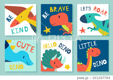 Set of posters with cute dinosaurs and letterings. Baby design for birthday invitation or Childish design for birthday invitation, poster, clothing, nursery wall art and card. EPS 101287704