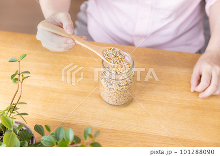 小鳥の餌を掬う女性 101288090