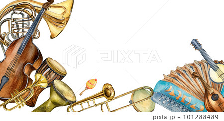 Board of variouse musical instruments and symbol watercolor illustration isolated. 101288489