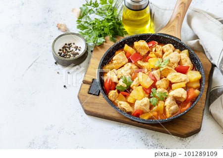 Stir-fried Taiwanese sliced Chicken breast with pineapple and pepper bell. Homemade delicious food in Taiwan on a stone tabletop. Copy space. Stir-fried Taiwanese sliced Chicken breast with pineapple and pepper bell. Homemade delicious food in Taiwan on a stone tabletop. Copy space. 101289109