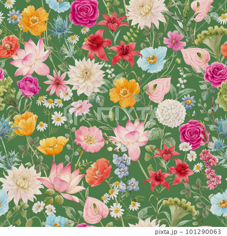 Beautiful seamless pattern with watercolor hand drawn colorful flowers. Stock illustration. 101290063