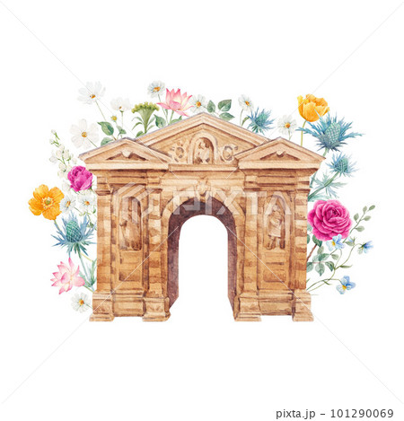 Beautiful stock illustration with hand drawn watercolor old building. Historical site Oxford Botanic garden. Beautiful stock illustration with hand drawn watercolor old building. Historical site Oxford Botanic garden. 101290069