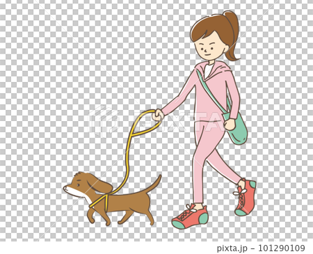 スポーツウェアを着て、小型犬の散歩をするポニーテールの若い女性 101290109