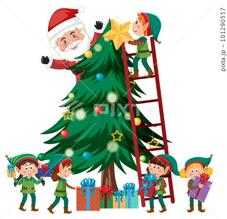 Children in elf costume and Santa Claus decorating Christmas tree 101290557