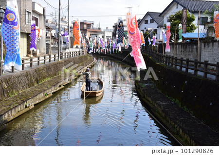 栃木市 蔵の街の巴波川と遊覧船と鯉のぼり 栃木市 蔵の街の巴波川と遊覧船と鯉のぼり 101290826