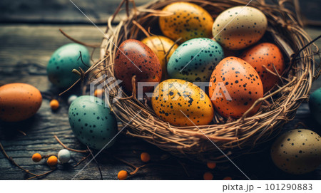 Traditional Orthodox Easter. Easter dotted eggs in a nest on wooden background. Selective focus 101290883