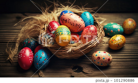 Traditional Orthodox Easter. Easter eggs with ornament in nest on wooden background. Selective focus 101290886