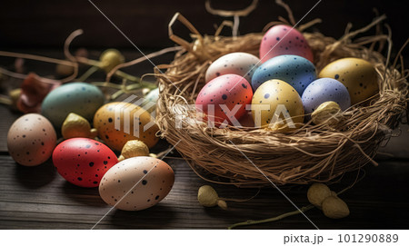 Traditional Orthodox Easter background. Easter eggs in a nest on wooden background. Selective focus 101290889