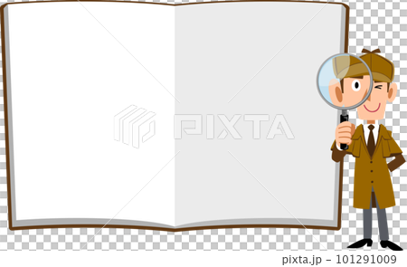 ノートの前で虫眼鏡をのぞく男性の探偵 ノートの前で虫眼鏡をのぞく男性の探偵 101291009