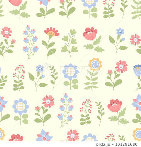 Floral seamless pattern. Decorative flowers and leaves on light background. Vector illustration. Botanical pattern for decor, design, packaging, wallpaper, textile. 101291680