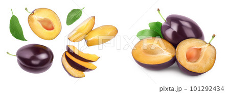 fresh purple plum and half isolated on white background with  full depth of field. Top view. Flat lay 101292434