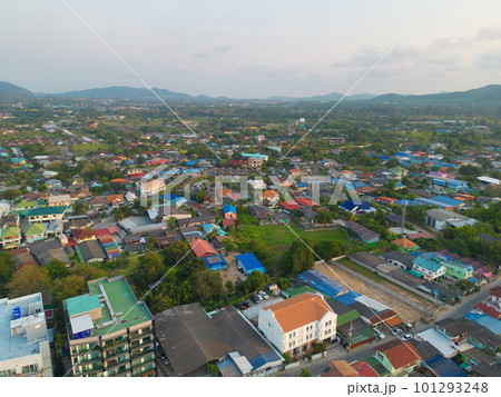 Aerial view of residential neighborhood roofs with nature forest trees. Urban housing development from above. Top view. Real estate in Bangkok City, Thailand. Local property real estate. Aerial view of residential neighborhood roofs with nature forest trees. Urban housing development from above. Top view. Real estate in Bangkok City, Thailand. Local property real estate. 101293248
