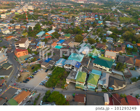 Aerial view of residential neighborhood roofs with nature forest trees. Urban housing development from above. Top view. Real estate in Bangkok City, Thailand. Local property real estate. Aerial view of residential neighborhood roofs with nature forest trees. Urban housing development from above. Top view. Real estate in Bangkok City, Thailand. Local property real estate. 101293249
