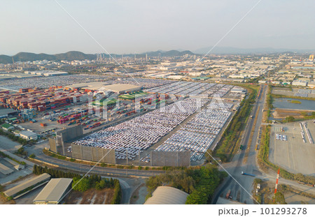 Aerial top view of new cars parking for sale stock lot row, dealer inventory import and export business commercial worldwide, Automobile and automotive industry distribution logistic global transport 101293278