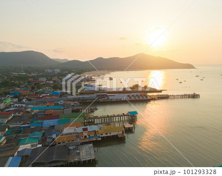 Aerial view of Chonburi port, Pattaya sea, beach in Thailand in summer season, urban city with blue sky for travel background. Chon buri skyline. Aerial view of Chonburi port, Pattaya sea, beach in Thailand in summer season, urban city with blue sky for travel background. Chon buri skyline. 101293328