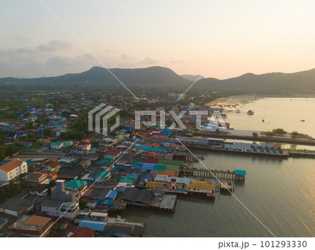 Aerial view of Chonburi port, Pattaya sea, beach in Thailand in summer season, urban city with blue sky for travel background. Chon buri skyline. 101293330