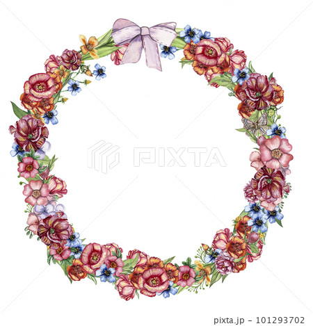 Spring flowers wreath,watercolor illustration for cards,backgrounds. Watercolor illustration for scrapbooking. Cartoon hand drawn background with flower for kids design.Perfect for wedding invitation. Spring flowers wreath,watercolor illustration for cards,backgrounds. Watercolor illustration for scrapbooking. Cartoon hand drawn background with flower for kids design.Perfect for wedding invitation. 101293702
