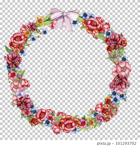 Spring flowers wreath,watercolor illustration for cards,backgrounds. Watercolor illustration for scrapbooking. Cartoon hand drawn background with flower for kids design.Perfect for wedding invitation. Spring flowers wreath,watercolor illustration for cards,backgrounds. Watercolor illustration for scrapbooking. Cartoon hand drawn background with flower for kids design.Perfect for wedding invitation. 101293702