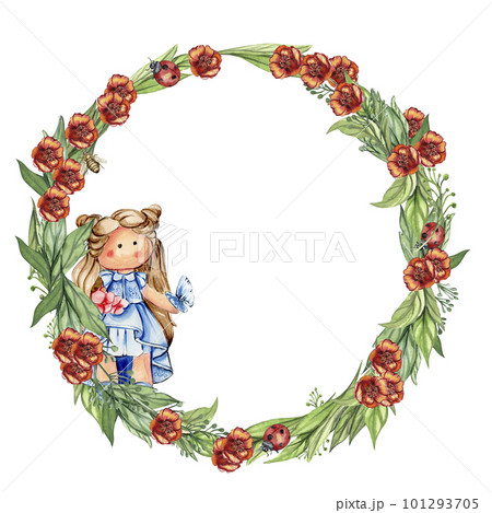 Spring flowers wreath with a cute Tilda doll, watercolor illustration for cards, backgrounds, scrapbooking. Cartoon hand drawn background with flower for kids design. Perfect for wedding invitation. 101293705