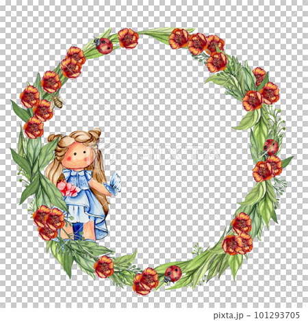 Spring flowers wreath with a cute Tilda doll, watercolor illustration for cards, backgrounds, scrapbooking. Cartoon hand drawn background with flower for kids design. Perfect for wedding invitation. 101293705