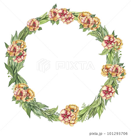 Spring flowers wreath,watercolor illustration for cards,backgrounds. Watercolor illustration for scrapbooking. Cartoon hand drawn background with flower for kids design.Perfect for wedding invitation. 101293706