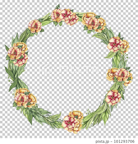 Spring flowers wreath,watercolor illustration for cards,backgrounds. Watercolor illustration for scrapbooking. Cartoon hand drawn background with flower for kids design.Perfect for wedding invitation. 101293706
