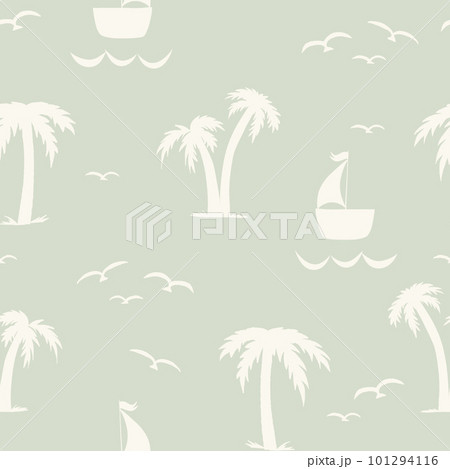 Seamless nautical pattern with silhouettes of palm trees and sailboats on the sea. Repeating summer background. 101294116