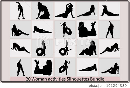 Sunny day on the beach vector silhouette,Vector illustration set of silhouette Woman enjoying summer vacation Sunny day on the beach vector silhouette,Vector illustration set of silhouette Woman enjoying summer vacation 101294389