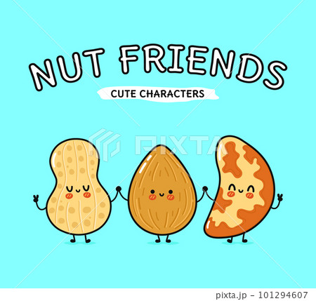 Cute, funny happy almonds, peanuts and Brazilian nut. Vector hand drawn cartoon kawaii characters, illustration icon. Funny happy cartoon almond, peanut and Brazilian nut mascot friends concept 101294607