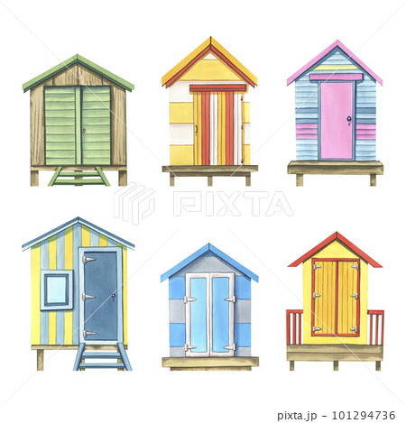A set of various, multi-colored beach houses, striped, wooden garages. Watercolor illustration, isolated objects on a white background. For surf, sea, summer, beach holiday, cards, stickers etc. 101294736