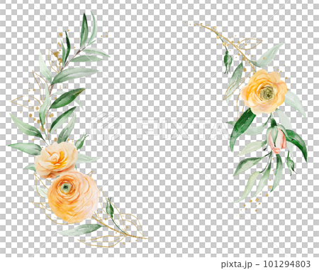 Wreath made of orange and yellow watercolor flowers and green leaves, isolated wedding illustration Wreath made of orange and yellow watercolor flowers and green leaves, isolated wedding illustration 101294803