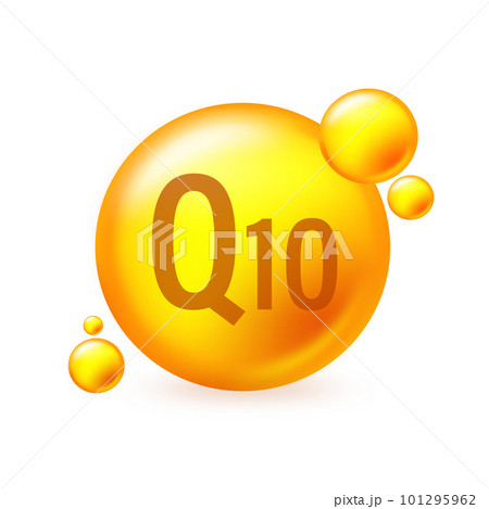 Vitamin Q10 gold shining pill capcule icon. Pill capcule vector illustration on white isolated background 101295962