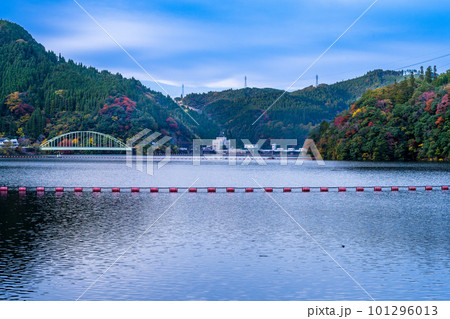 秋晴れを背景に松原ダム周辺紅葉風景(大分県中津江)(熊本県阿蘇郡小国町)県境 秋晴れを背景に松原ダム周辺紅葉風景(大分県中津江)(熊本県阿蘇郡小国町)県境 101296013