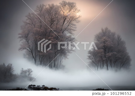 Beautiful frozen northern landscape at sunset during bliszard, AI generative 101296552