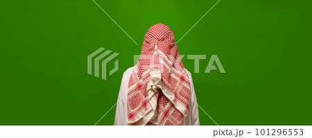 reverse side of Islam, using back view of man in Arabic clothes. hidden and unknown aspects of Islamic culture, inviting viewer to explore enigmatic and spiritual dimensions of religion. High quality 101296553
