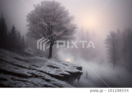 Beautiful frozen northern landscape at sunset during bliszard, AI generative 101296554