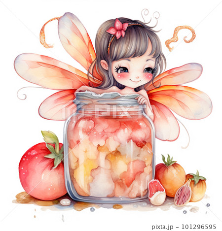 A cute winged fairy and jar of sweet sunny peach jam, fantasy watercolor style illustration, AI generative image 101296595