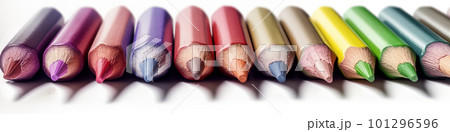 colored pencils in a row, concept watecolor banner illustration isolated on white, AI generative image 101296596
