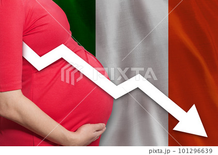 Italian pregnant woman on Italian flag background. Falling fertility rate in Italy Italian pregnant woman on Italian flag background. Falling fertility rate in Italy 101296639