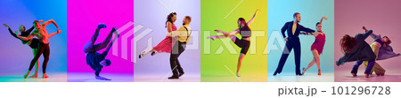 Mix of retro and modern dance styles. Set of images of young people dancing against multicolored background in neon light Mix of retro and modern dance styles. Set of images of young people dancing against multicolored background in neon light 101296728