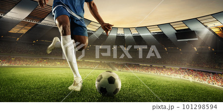 Collage with football player in action at stadium during football match. 3D model of stadium. Wide angle view 101298594