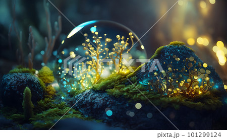 Magical iridescent crystals in dark mystery forest 101299124