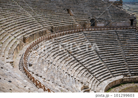 Ruins of theater in ancient Hierapolis now Pamukkale Turkey. Amphitheater Ruins of theater in ancient Hierapolis now Pamukkale Turkey. Amphitheater 101299603